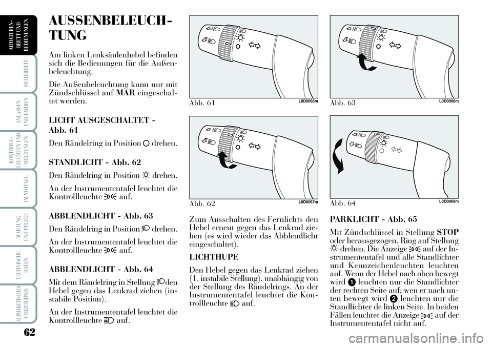 Lancia Musa 2011 Betriebsanleitung (in German) 62
KONTROLL-
LEUCHTEN UND
MELDUNGEN
SICHERHEIT
ANLASSEN
UND FAHREN
IM NOTFALL
WARTUNG
UND PFLEGE
TECHNISCHE
DATEN
ALPHABETISCHESVERZEICHNIS
ARMATUREN -
BRETT UND
BEDIENUNGEN
PARKLICHT - Abb. 65
Mit Z Lancia Musa 2011 Betriebsanleitung (in German) 62
KONTROLL-
LEUCHTEN UND
MELDUNGEN
SICHERHEIT
ANLASSEN
UND FAHREN
IM NOTFALL
WARTUNG
UND PFLEGE
TECHNISCHE
DATEN
ALPHABETISCHESVERZEICHNIS
ARMATUREN -
BRETT UND
BEDIENUNGEN
PARKLICHT - Abb. 65
Mit Z