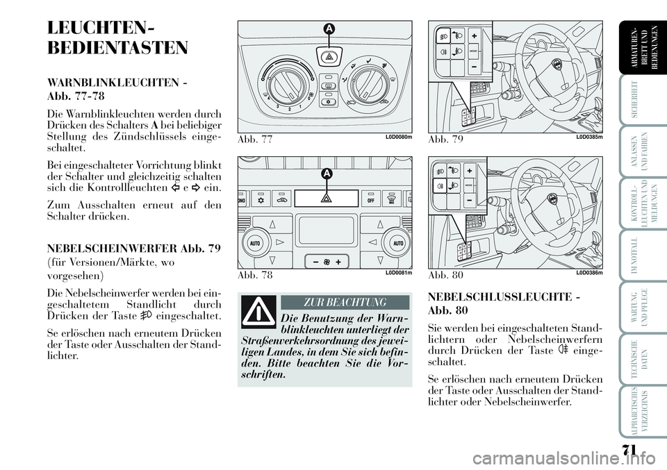 Lancia Musa 2011 Betriebsanleitung (in German) 71
KONTROLL-
LEUCHTEN UND
MELDUNGEN
SICHERHEIT
ANLASSEN
UND FAHREN
IM NOTFALL
WARTUNG
UND PFLEGE
TECHNISCHE
DATEN
ALPHABETISCHESVERZEICHNIS
ARMATUREN -
BRETT UND
BEDIENUNGEN
LEUCHTEN-
BEDIENTASTEN
WA Lancia Musa 2011 Betriebsanleitung (in German) 71
KONTROLL-
LEUCHTEN UND
MELDUNGEN
SICHERHEIT
ANLASSEN
UND FAHREN
IM NOTFALL
WARTUNG
UND PFLEGE
TECHNISCHE
DATEN
ALPHABETISCHESVERZEICHNIS
ARMATUREN -
BRETT UND
BEDIENUNGEN
LEUCHTEN-
BEDIENTASTEN
WA