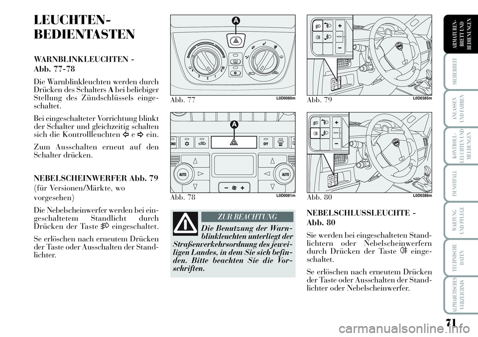 Lancia Musa 2011  Betriebsanleitung (in German) 71
KONTROLL-
LEUCHTEN UND
MELDUNGEN
SICHERHEIT
ANLASSEN
UND FAHREN
IM NOTFALL
WARTUNG 
UND PFLEGE
TECHNISCHE
DATEN
ALPHABETISCHESVERZEICHNIS
ARMATUREN -
BRETT UND
BEDIENUNGEN
LEUCHTEN-
BEDIENTASTEN
WA