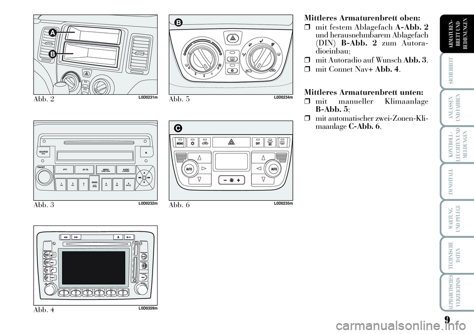 Lancia Musa 2011 Betriebsanleitung (in German) 9
KONTROLL-
LEUCHTEN UND
MELDUNGEN
SICHERHEIT
ANLASSEN
UND FAHREN
IM NOTFALL
WARTUNG
UND PFLEGE
TECHNISCHE
DATEN
ALPHABETISCHESVERZEICHNIS
ARMATUREN -
BRETT UND
BEDIENUNGEN
Mittleres Armaturenbrett o Lancia Musa 2011 Betriebsanleitung (in German) 9
KONTROLL-
LEUCHTEN UND
MELDUNGEN
SICHERHEIT
ANLASSEN
UND FAHREN
IM NOTFALL
WARTUNG
UND PFLEGE
TECHNISCHE
DATEN
ALPHABETISCHESVERZEICHNIS
ARMATUREN -
BRETT UND
BEDIENUNGEN
Mittleres Armaturenbrett o