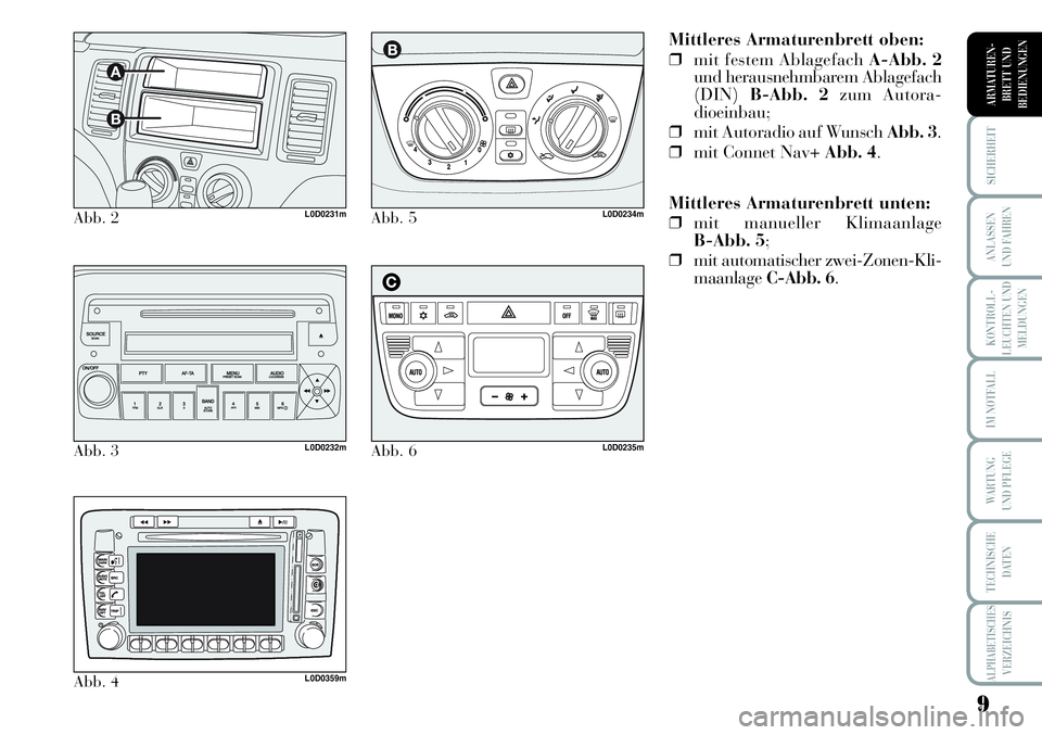 Lancia Musa 2012  Betriebsanleitung (in German) 9
KONTROLL-
LEUCHTEN UND
MELDUNGEN
SICHERHEIT
ANLASSEN
UND FAHREN
IM NOTFALL
WARTUNG 
UND PFLEGE
TECHNISCHE
DATEN
ALPHABETISCHESVERZEICHNIS
ARMATUREN -
BRETT UND
BEDIENUNGEN
Mittleres Armaturenbrett o