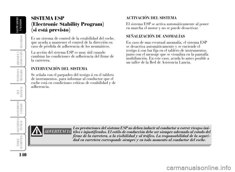 Lancia Musa 2007  Manual de Empleo y Cuidado (in Spanish) 140
SEGURIDAD
ARRANQUE Y
CONDUCCIÓN
TESTIGOS Y
MENSAJES
QUÉ
HACER SI
MANTENIMIENTOY CUIDADO
CARACTERÍSTICASTÉCNICAS
ÍNDICE
ALFABÉTICO
SALPICADERO
Y MANDOS
SISTEMA ESP 
(Electronic Stability Prog