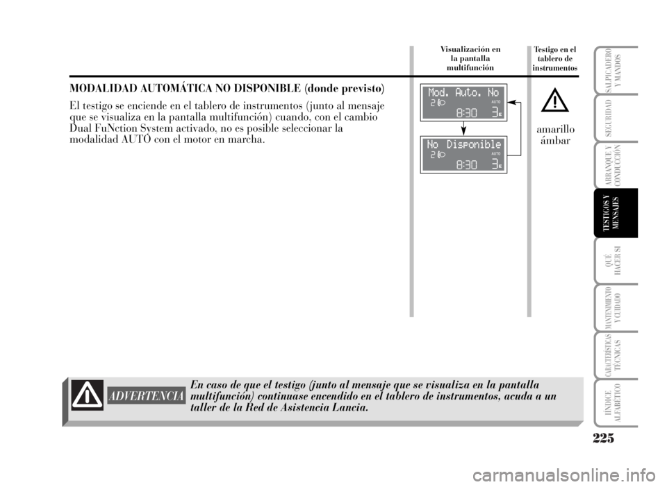 Lancia Musa 2007 Manual de Empleo y Cuidado (in Spanish) 225
QUÉ
HACER SI
MANTENIMIENTOY CUIDADO
CARACTERÍSTICASTÉCNICAS
IÍNDICE
ALFABÉTICO
SALPICADERO
Y MANDOS
SEGURIDAD
ARRANQUE Y
CONDUCCIÓN
TESTIGOS Y
MENSAJES
Testigo en el
tablero de
instrumentosV Lancia Musa 2007 Manual de Empleo y Cuidado (in Spanish) 225
QUÉ
HACER SI
MANTENIMIENTOY CUIDADO
CARACTERÍSTICASTÉCNICAS
IÍNDICE
ALFABÉTICO
SALPICADERO
Y MANDOS
SEGURIDAD
ARRANQUE Y
CONDUCCIÓN
TESTIGOS Y
MENSAJES
Testigo en el
tablero de
instrumentosV
