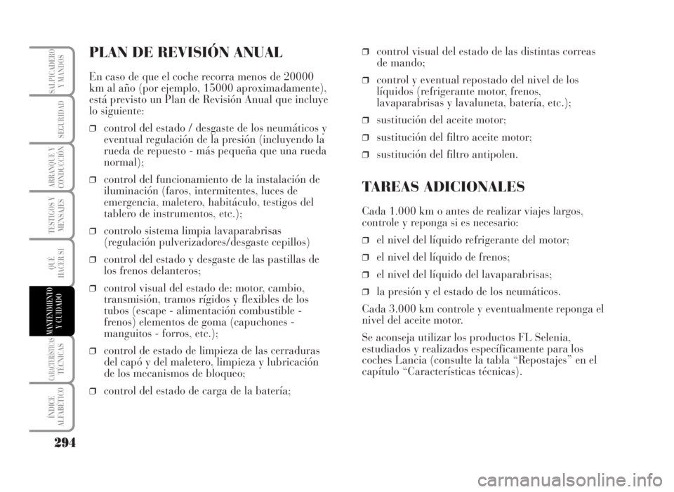 Lancia Musa 2007 Manual de Empleo y Cuidado (in Spanish) PLAN DE REVISIÓN ANUAL
En caso de que el coche recorra menos de 20000
km al año (por ejemplo, 15000 aproximadamente),
está previsto un Plan de Revisión Anual que incluye
lo siguiente:
❒control d Lancia Musa 2007 Manual de Empleo y Cuidado (in Spanish) PLAN DE REVISIÓN ANUAL
En caso de que el coche recorra menos de 20000
km al año (por ejemplo, 15000 aproximadamente),
está previsto un Plan de Revisión Anual que incluye
lo siguiente:
❒control d