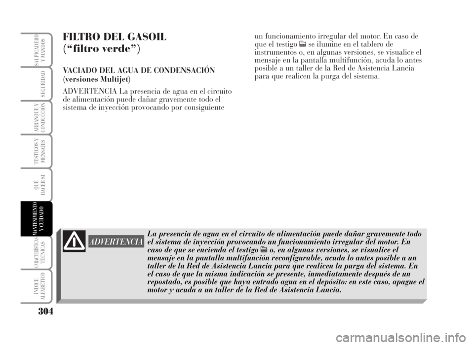 Lancia Musa 2007 Manual de Empleo y Cuidado (in Spanish) FILTRO DEL GASOIL
(“filtro verde”)
VACIADO DEL AGUA DE CONDENSACIÓN
(versiones Multijet)
ADVERTENCIA La presencia de agua en el circuito
de alimentación puede dañar gravemente todo el
sistema Lancia Musa 2007 Manual de Empleo y Cuidado (in Spanish) FILTRO DEL GASOIL
(“filtro verde”)
VACIADO DEL AGUA DE CONDENSACIÓN
(versiones Multijet)
ADVERTENCIA La presencia de agua en el circuito
de alimentación puede dañar gravemente todo el
sistema