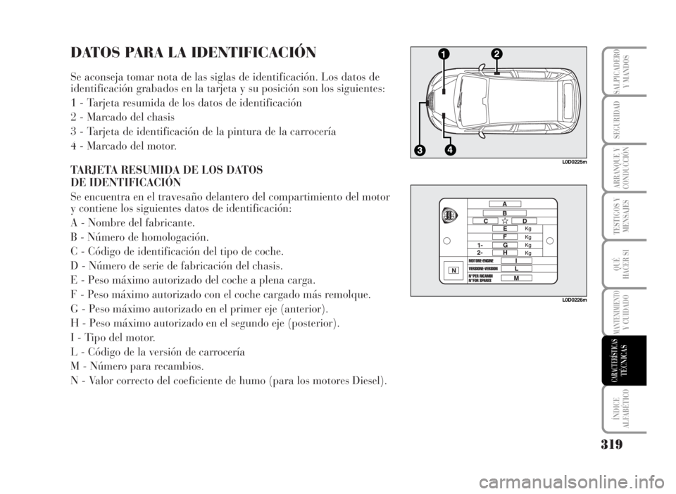 Lancia Musa 2007  Manual de Empleo y Cuidado (in Spanish) DATOS PARA LA IDENTIFICACIÓN
Se aconseja tomar nota de las siglas de identificación. Los datos de
identificación grabados en la tarjeta y su posición son los siguientes:
1 - Tarjeta resumida de lo