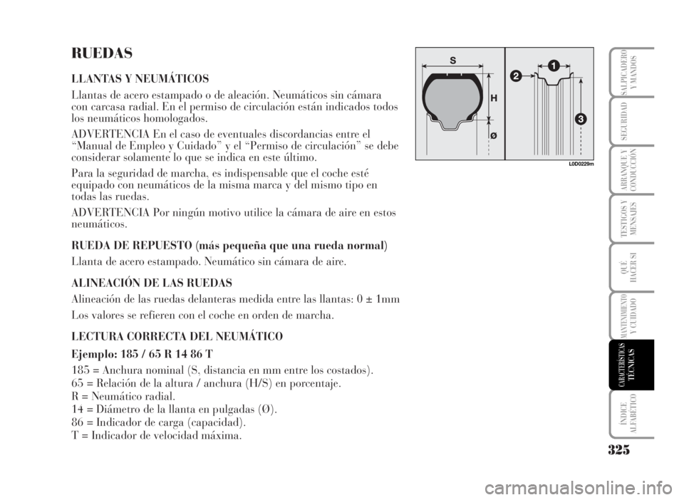 Lancia Musa 2007  Manual de Empleo y Cuidado (in Spanish) RUEDAS
LLANTAS Y NEUMÁTICOS
Llantas de acero estampado o de aleación. Neumáticos sin cámara
con carcasa radial. En el permiso de circulación están indicados todos
los neumáticos homologados.
AD