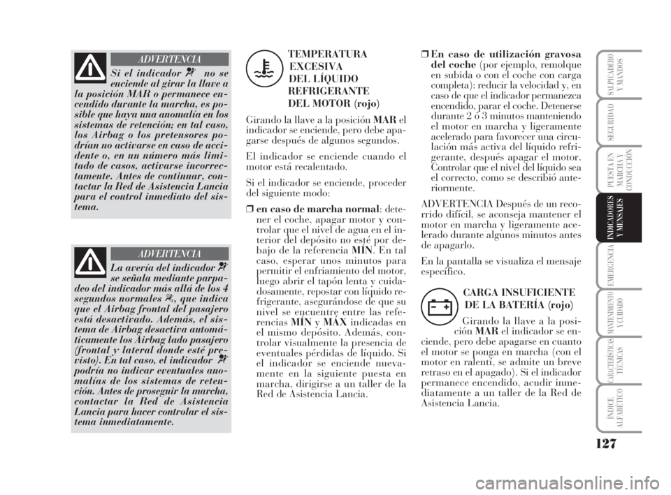 Lancia Musa 2008 Manual de Empleo y Cuidado (in Spanish) 127
EMERGENCIA
MANTENIMIENTOY CUIDADO
CARACTERÍSTICASTÉCNICAS
ÍNDICE
ALFABÉTICO
SALPICADEROY MANDOS
SEGURIDAD
PUESTA EN
MARCHA Y
CONDUCCIÓN
INDICADORES
Y MENSAJES
Si el indicador ¬no se
enciend Lancia Musa 2008 Manual de Empleo y Cuidado (in Spanish) 127
EMERGENCIA
MANTENIMIENTOY CUIDADO
CARACTERÍSTICASTÉCNICAS
ÍNDICE
ALFABÉTICO
SALPICADEROY MANDOS
SEGURIDAD
PUESTA EN
MARCHA Y
CONDUCCIÓN
INDICADORES
Y MENSAJES
Si el indicador ¬no se
enciend