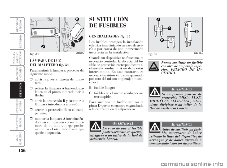 Lancia Musa 2008  Manual de Empleo y Cuidado (in Spanish) 156
INDICADORES
Y MENSAJES
MANTENIMIENTOY CUIDADO
CARACTERÍSTICASTÉCNICAS
ÍNDICE
ALFABÉTICO
SALPICADEROY MANDOS
SEGURIDAD
PUESTA EN
MARCHA Y
CONDUCCIÓN
EMERGENCIA
LÁMPARA DE LUZ 
DEL MALETERO fi