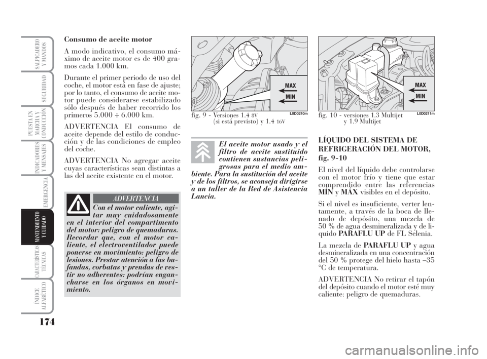 Lancia Musa 2008  Manual de Empleo y Cuidado (in Spanish) 174
INDICADORES
Y MENSAJES
CARACTERÍSTICASTÉCNICAS
ÍNDICE
ALFABÉTICO
SALPICADEROY MANDOS
SEGURIDAD
PUESTA EN
MARCHA Y
CONDUCCIÓN
EMERGENCIA
MANTENIMIENTOY CUIDADO
Consumo de aceite motor
A modo i