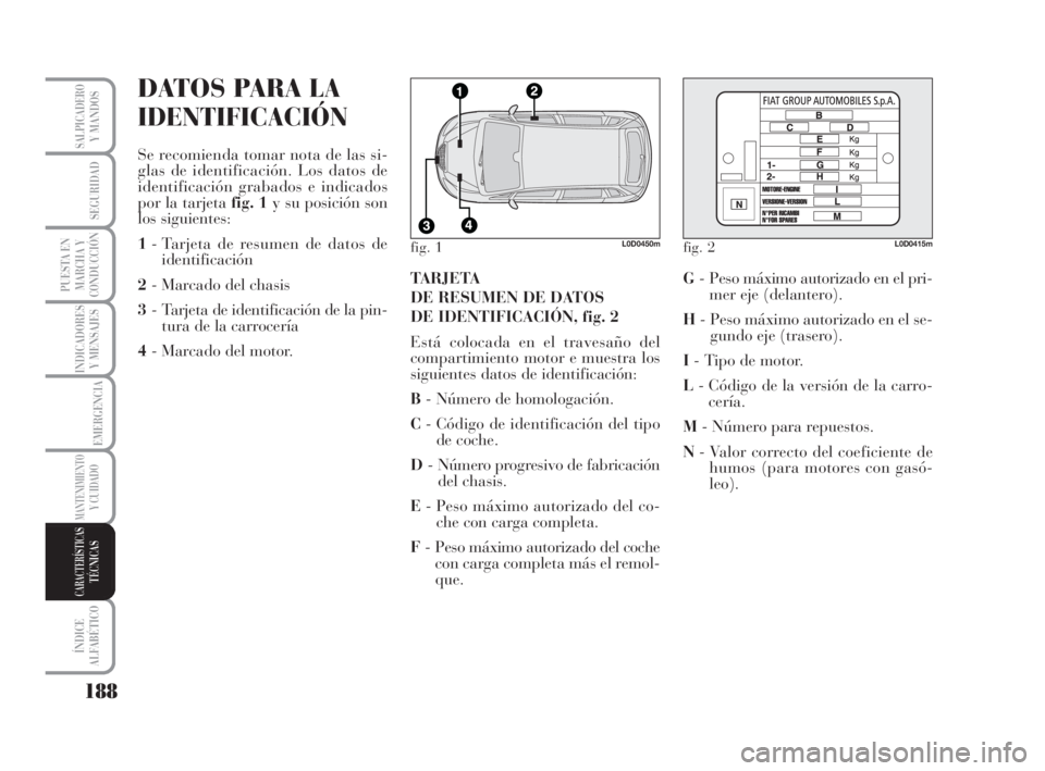 Lancia Musa 2008 Manual de Empleo y Cuidado (in Spanish) MANTENIMIENTOY CUIDADO
188
INDICADORES
Y MENSAJES
ÍNDICE
ALFABÉTICO
SALPICADEROY MANDOS
SEGURIDAD
PUESTA EN
MARCHA Y
CONDUCCIÓN
EMERGENCIA
CARACTERÍSTICASTÉCNICAS
DATOS PARALA
IDENTIFICACIÓN
Se Lancia Musa 2008 Manual de Empleo y Cuidado (in Spanish) MANTENIMIENTOY CUIDADO
188
INDICADORES
Y MENSAJES
ÍNDICE
ALFABÉTICO
SALPICADEROY MANDOS
SEGURIDAD
PUESTA EN
MARCHA Y
CONDUCCIÓN
EMERGENCIA
CARACTERÍSTICASTÉCNICAS
DATOS PARALA
IDENTIFICACIÓN
Se