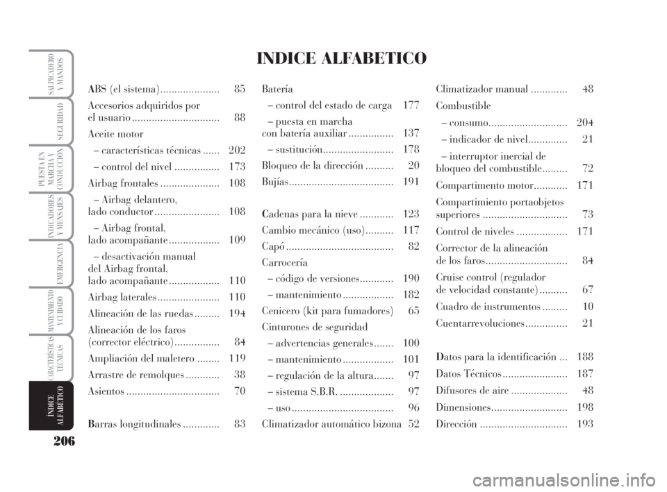Lancia Musa 2008  Manual de Empleo y Cuidado (in Spanish) 206
INDICADORES
Y MENSAJES
SALPICADEROY MANDOS
SEGURIDAD
PUESTA EN
MARCHA Y
CONDUCCIÓN
EMERGENCIA
MANTENIMIENTOY CUIDADO
CARACTERÍSTICASTÉCNICAS
ÍNDICE
ALFABÉTICO
ABS (el sistema)................