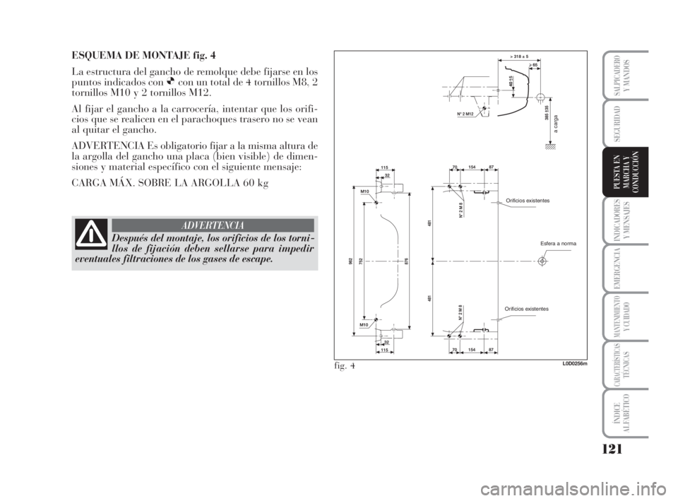 Lancia Musa 2009 Manual de Empleo y Cuidado (in Spanish) 121
INDICADORES
Y MENSAJES
EMERGENCIA
MANTENIMIENTOY CUIDADO
CARACTERÍSTICASTÉCNICAS
ÍNDICE
ALFABÉTICO
SALPICADEROY MANDOS
SEGURIDAD
PUESTA EN
MARCHA Y
CONDUCCIÓN
a carga
Esfera a norma Orificios Lancia Musa 2009 Manual de Empleo y Cuidado (in Spanish) 121
INDICADORES
Y MENSAJES
EMERGENCIA
MANTENIMIENTOY CUIDADO
CARACTERÍSTICASTÉCNICAS
ÍNDICE
ALFABÉTICO
SALPICADEROY MANDOS
SEGURIDAD
PUESTA EN
MARCHA Y
CONDUCCIÓN
a carga
Esfera a norma Orificios