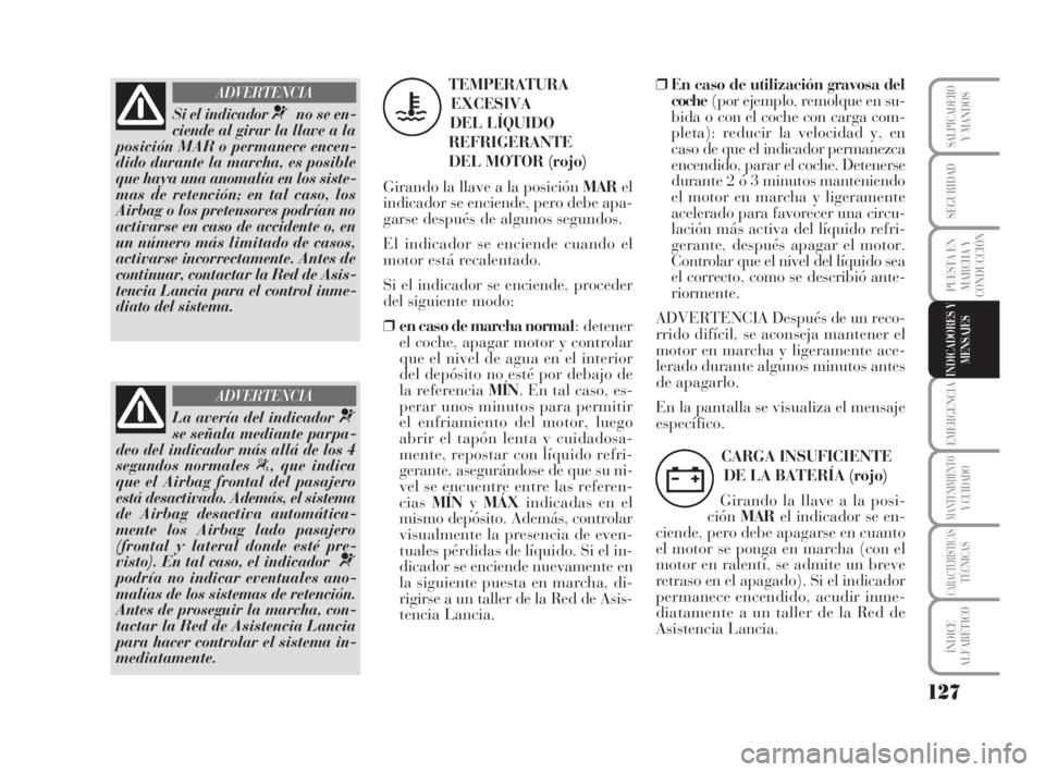 Lancia Musa 2009 Manual de Empleo y Cuidado (in Spanish) 127
EMERGENCIA
MANTENIMIENTOY CUIDADO
CARACTERÍSTICASTÉCNICAS
ÍNDICE
ALFABÉTICO
SALPICADEROY MANDOS
SEGURIDAD
PUESTA EN
MARCHA Y
CONDUCCIÓN
INDICADORES Y
MENSAJES
Si el indicador ¬no se en-
cie Lancia Musa 2009 Manual de Empleo y Cuidado (in Spanish) 127
EMERGENCIA
MANTENIMIENTOY CUIDADO
CARACTERÍSTICASTÉCNICAS
ÍNDICE
ALFABÉTICO
SALPICADEROY MANDOS
SEGURIDAD
PUESTA EN
MARCHA Y
CONDUCCIÓN
INDICADORES Y
MENSAJES
Si el indicador ¬no se en-
cie