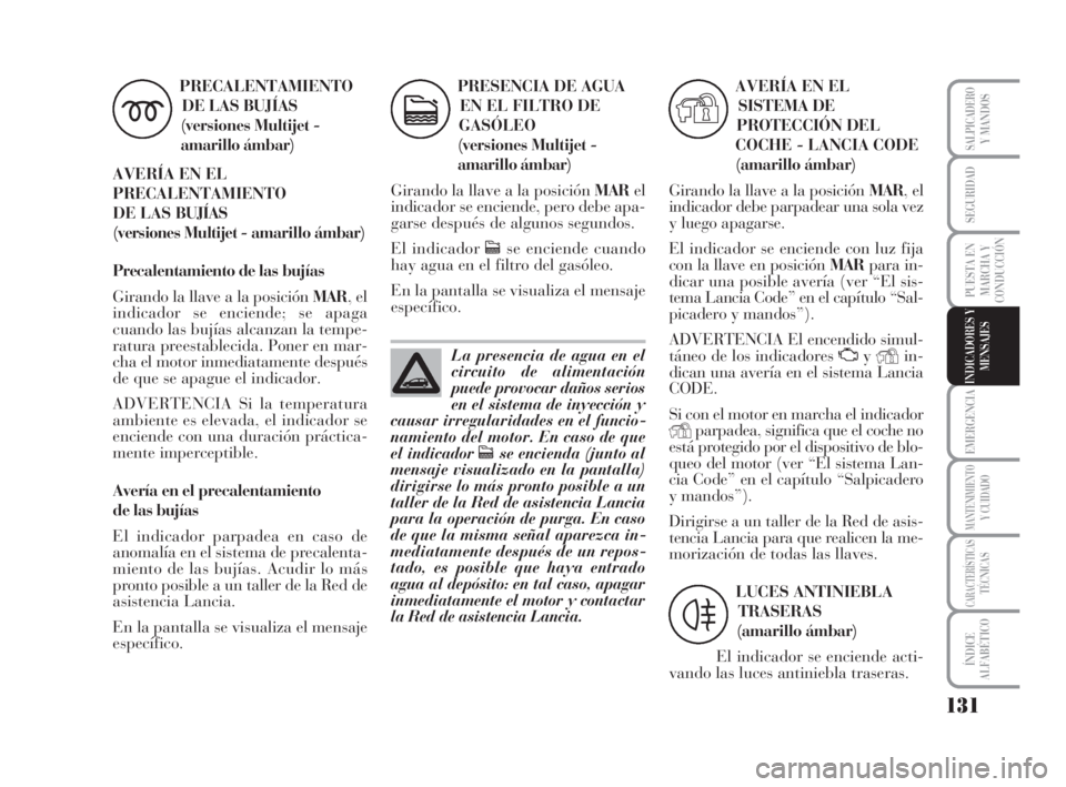 Lancia Musa 2009 Manual de Empleo y Cuidado (in Spanish) 131
EMERGENCIA
MANTENIMIENTOY CUIDADO
CARACTERÍSTICASTÉCNICAS
ÍNDICE
ALFABÉTICO
SALPICADEROY MANDOS
SEGURIDAD
PUESTA EN
MARCHA Y
CONDUCCIÓN
INDICADORES Y
MENSAJES
PRECALENTAMIENTO
DE LAS BUJÍAS Lancia Musa 2009 Manual de Empleo y Cuidado (in Spanish) 131
EMERGENCIA
MANTENIMIENTOY CUIDADO
CARACTERÍSTICASTÉCNICAS
ÍNDICE
ALFABÉTICO
SALPICADEROY MANDOS
SEGURIDAD
PUESTA EN
MARCHA Y
CONDUCCIÓN
INDICADORES Y
MENSAJES
PRECALENTAMIENTO
DE LAS BUJÍAS