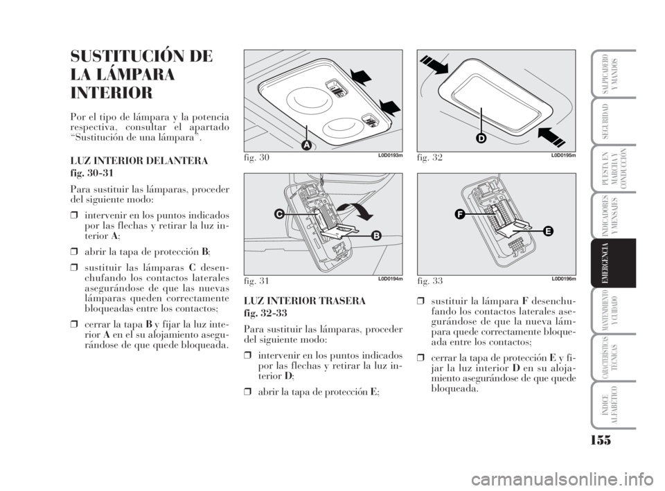 Lancia Musa 2009 Manual de Empleo y Cuidado (in Spanish) 155
INDICADORES
Y MENSAJES
MANTENIMIENTOY CUIDADO
CARACTERÍSTICASTÉCNICAS
ÍNDICE
ALFABÉTICO
SALPICADEROY MANDOS
SEGURIDAD
PUESTA EN
MARCHA Y
CONDUCCIÓN
EMERGENCIA
fig. 30L0D0193m
fig. 31L0D0194m
Lancia Musa 2009 Manual de Empleo y Cuidado (in Spanish) 155
INDICADORES
Y MENSAJES
MANTENIMIENTOY CUIDADO
CARACTERÍSTICASTÉCNICAS
ÍNDICE
ALFABÉTICO
SALPICADEROY MANDOS
SEGURIDAD
PUESTA EN
MARCHA Y
CONDUCCIÓN
EMERGENCIA
fig. 30L0D0193m
fig. 31L0D0194m