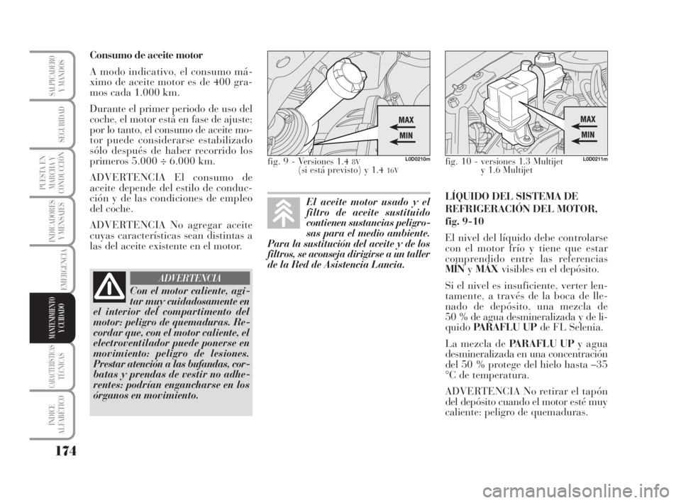 Lancia Musa 2009 Manual de Empleo y Cuidado (in Spanish) 174
INDICADORES
Y MENSAJES
CARACTERÍSTICASTÉCNICAS
ÍNDICE
ALFABÉTICO
SALPICADEROY MANDOS
SEGURIDAD
PUESTA EN
MARCHA Y
CONDUCCIÓN
EMERGENCIA
MANTENIMIENTOY CUIDADO
Consumo de aceite motor
A modo i Lancia Musa 2009 Manual de Empleo y Cuidado (in Spanish) 174
INDICADORES
Y MENSAJES
CARACTERÍSTICASTÉCNICAS
ÍNDICE
ALFABÉTICO
SALPICADEROY MANDOS
SEGURIDAD
PUESTA EN
MARCHA Y
CONDUCCIÓN
EMERGENCIA
MANTENIMIENTOY CUIDADO
Consumo de aceite motor
A modo i