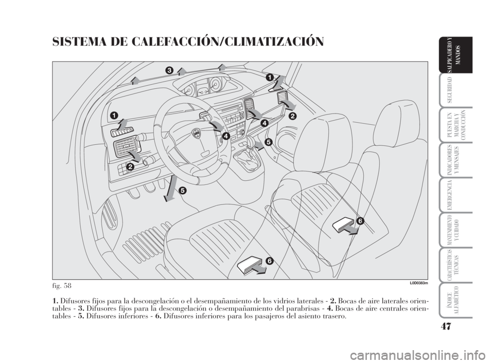 Lancia Musa 2009 Manual de Empleo y Cuidado (in Spanish) 47
SEGURIDAD
PUESTA EN
MARCHA Y
CONDUCCIÓN
INDICADORES
Y MENSAJES
EMERGENCIA
MANTENIMIENTOY CUIDADO
CARACTERÍSTICASTÉCNICAS
ÍNDICE
ALFABÉTICO
SALPICADERO Y
MANDOS
SISTEMA DE CALEFACCIÓN/CLIMATIZ Lancia Musa 2009 Manual de Empleo y Cuidado (in Spanish) 47
SEGURIDAD
PUESTA EN
MARCHA Y
CONDUCCIÓN
INDICADORES
Y MENSAJES
EMERGENCIA
MANTENIMIENTOY CUIDADO
CARACTERÍSTICASTÉCNICAS
ÍNDICE
ALFABÉTICO
SALPICADERO Y
MANDOS
SISTEMA DE CALEFACCIÓN/CLIMATIZ