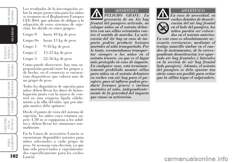 Lancia Musa 2010 Manual de Empleo y Cuidado (in Spanish) 102
PUESTA EN
MARCHA Y
CONDUCCIÓN
TESTIGOS Y
MENSAJES
EN CASO DE
EMERGENCIA
MANTENIMIENTO
Y CUIDADOS
CARACTERÍ-
STICAS
TÉCNICAS
ÍNDICE
ALFABÉTICO
SALPICADERO
Y MANDOS
SEGURIDAD
Los resultados de Lancia Musa 2010 Manual de Empleo y Cuidado (in Spanish) 102
PUESTA EN
MARCHA Y
CONDUCCIÓN
TESTIGOS Y
MENSAJES
EN CASO DE
EMERGENCIA
MANTENIMIENTO
Y CUIDADOS
CARACTERÍ-
STICAS
TÉCNICAS
ÍNDICE
ALFABÉTICO
SALPICADERO
Y MANDOS
SEGURIDAD
Los resultados de