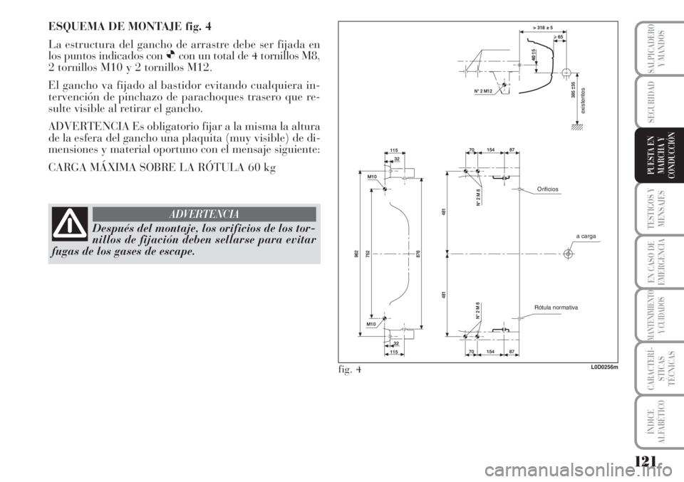 Lancia Musa 2010 Manual de Empleo y Cuidado (in Spanish) 121
TESTIGOS Y
MENSAJES
EN CASO DE
EMERGENCIA
MANTENIMIENTO
Y CUIDADOS
CARACTERÍ-
STICAS
TÉCNICAS
ÍNDICE
ALFABÉTICO
SALPICADERO
Y MANDOS
SEGURIDAD
PUESTA EN
MARCHA Y
CONDUCCIÓN
existentes
a carga Lancia Musa 2010 Manual de Empleo y Cuidado (in Spanish) 121
TESTIGOS Y
MENSAJES
EN CASO DE
EMERGENCIA
MANTENIMIENTO
Y CUIDADOS
CARACTERÍ-
STICAS
TÉCNICAS
ÍNDICE
ALFABÉTICO
SALPICADERO
Y MANDOS
SEGURIDAD
PUESTA EN
MARCHA Y
CONDUCCIÓN
existentes
a carga
