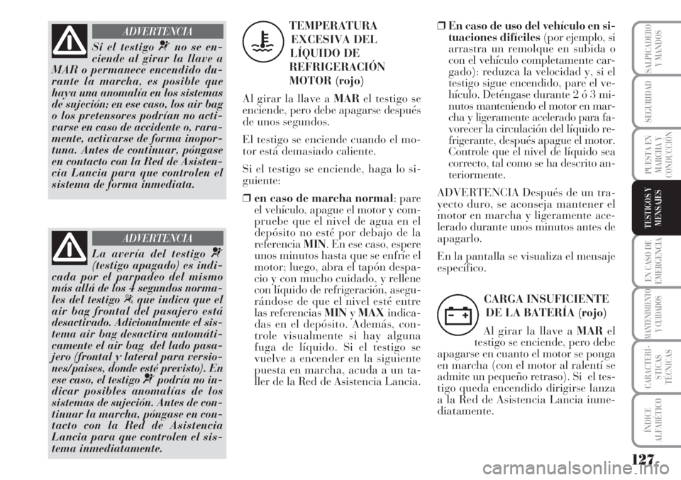 Lancia Musa 2010 Manual de Empleo y Cuidado (in Spanish) 127
EN CASO DE
EMERGENCIA
MANTENIMIENTO
Y CUIDADOS
CARACTERÍ-
STICAS
TÉCNICAS
ÍNDICE
ALFABÉTICO
SALPICADERO
Y MANDOS
SEGURIDAD
PUESTA EN
MARCHA Y
CONDUCCIÓN
TESTIGOS Y
MENSAJES
Si el testigo ¬no Lancia Musa 2010 Manual de Empleo y Cuidado (in Spanish) 127
EN CASO DE
EMERGENCIA
MANTENIMIENTO
Y CUIDADOS
CARACTERÍ-
STICAS
TÉCNICAS
ÍNDICE
ALFABÉTICO
SALPICADERO
Y MANDOS
SEGURIDAD
PUESTA EN
MARCHA Y
CONDUCCIÓN
TESTIGOS Y
MENSAJES
Si el testigo ¬no