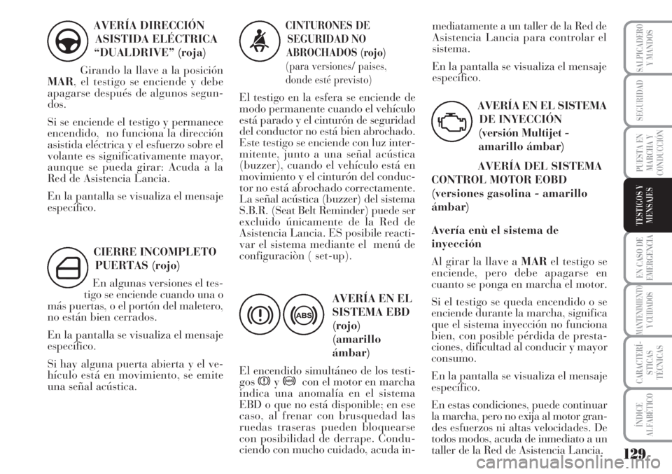 Lancia Musa 2010 Manual de Empleo y Cuidado (in Spanish) 129
EN CASO DE
EMERGENCIA
MANTENIMIENTO
Y CUIDADOS
CARACTERÍ-
STICAS
TÉCNICAS
ÍNDICE
ALFABÉTICO
SALPICADERO
Y MANDOS
SEGURIDAD
PUESTA EN
MARCHA Y
CONDUCCIÓN
TESTIGOS Y
MENSAJES
AVERÍA DIRECCIÓN Lancia Musa 2010 Manual de Empleo y Cuidado (in Spanish) 129
EN CASO DE
EMERGENCIA
MANTENIMIENTO
Y CUIDADOS
CARACTERÍ-
STICAS
TÉCNICAS
ÍNDICE
ALFABÉTICO
SALPICADERO
Y MANDOS
SEGURIDAD
PUESTA EN
MARCHA Y
CONDUCCIÓN
TESTIGOS Y
MENSAJES
AVERÍA DIRECCIÓN