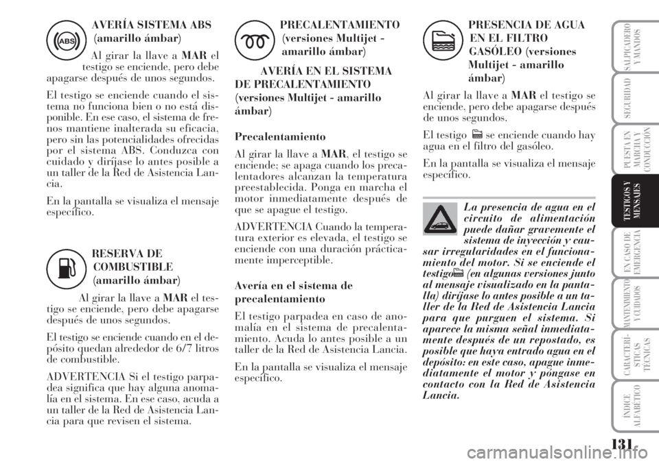 Lancia Musa 2010 Manual de Empleo y Cuidado (in Spanish) 131
EN CASO DE
EMERGENCIA
MANTENIMIENTO
Y CUIDADOS
CARACTERÍ-
STICAS
TÉCNICAS
ÍNDICE
ALFABÉTICO
SALPICADERO
Y MANDOS
SEGURIDAD
PUESTA EN
MARCHA Y
CONDUCCIÓN
TESTIGOS Y
MENSAJES
AVERÍA SISTEMA AB Lancia Musa 2010 Manual de Empleo y Cuidado (in Spanish) 131
EN CASO DE
EMERGENCIA
MANTENIMIENTO
Y CUIDADOS
CARACTERÍ-
STICAS
TÉCNICAS
ÍNDICE
ALFABÉTICO
SALPICADERO
Y MANDOS
SEGURIDAD
PUESTA EN
MARCHA Y
CONDUCCIÓN
TESTIGOS Y
MENSAJES
AVERÍA SISTEMA AB