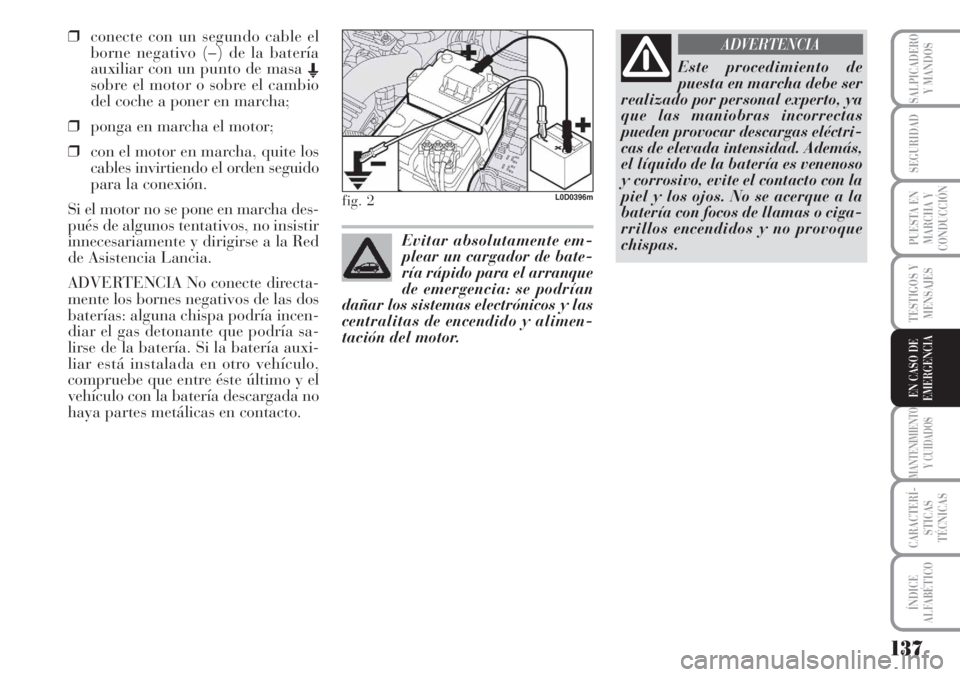 Lancia Musa 2010  Manual de Empleo y Cuidado (in Spanish) 137
TESTIGOS Y
MENSAJES
MANTENIMIENTO
Y CUIDADOS
CARACTERÍ-
STICAS
TÉCNICAS
ÍNDICE
ALFABÉTICO
SALPICADERO
Y MANDOS
SEGURIDAD
PUESTA EN
MARCHA Y
CONDUCCIÓN
EN CASO DE
EMERGENCIA
❒conecte con un 