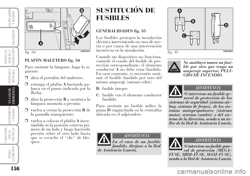 Lancia Musa 2010 Manual de Empleo y Cuidado (in Spanish) 156
TESTIGOS Y
MENSAJES
MANTENIMIENTO
Y CUIDADOS
CARACTERÍ-
STICAS
TÉCNICAS
ÍNDICE
ALFABÉTICO
SALPICADERO
Y MANDOS
SEGURIDAD
PUESTA EN
MARCHA Y
CONDUCCIÓN
EN CASO DE
EMERGENCIA
PLAFÓN MALETERO f Lancia Musa 2010 Manual de Empleo y Cuidado (in Spanish) 156
TESTIGOS Y
MENSAJES
MANTENIMIENTO
Y CUIDADOS
CARACTERÍ-
STICAS
TÉCNICAS
ÍNDICE
ALFABÉTICO
SALPICADERO
Y MANDOS
SEGURIDAD
PUESTA EN
MARCHA Y
CONDUCCIÓN
EN CASO DE
EMERGENCIA
PLAFÓN MALETERO f