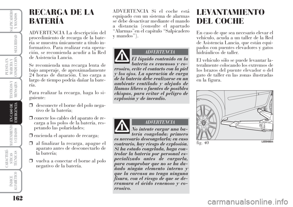 Lancia Musa 2010  Manual de Empleo y Cuidado (in Spanish) 162
TESTIGOS Y
MENSAJES
MANTENIMIENTO
Y CUIDADOS
CARACTERÍ-
STICAS
TÉCNICAS
ÍNDICE
ALFABÉTICO
SALPICADERO
Y MANDOS
SEGURIDAD
PUESTA EN
MARCHA Y
CONDUCCIÓN
EN CASO DE
EMERGENCIA
RECARGA DE LA
BATE