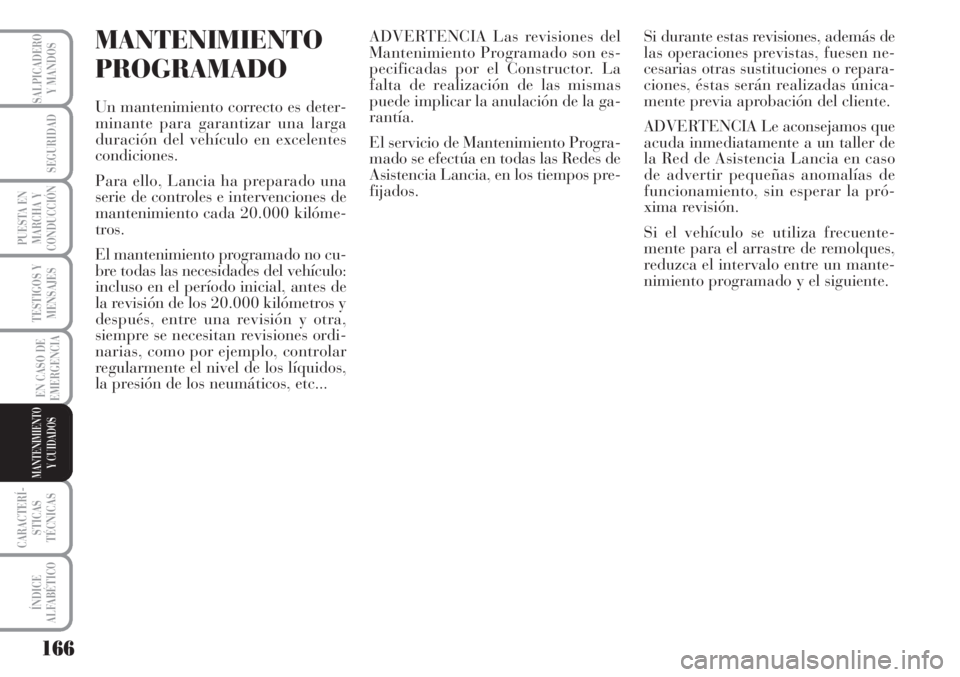 Lancia Musa 2010 Manual de Empleo y Cuidado (in Spanish) 166
TESTIGOS Y
MENSAJES
CARACTERÍ-
STICAS
TÉCNICAS
ÍNDICE
ALFABÉTICO
SALPICADERO
Y MANDOS
SEGURIDAD
PUESTA EN
MARCHA Y
CONDUCCIÓN
EN CASO DE
EMERGENCIA
MANTENIMIENTO
Y CUIDADOS
MANTENIMIENTO
PROG Lancia Musa 2010 Manual de Empleo y Cuidado (in Spanish) 166
TESTIGOS Y
MENSAJES
CARACTERÍ-
STICAS
TÉCNICAS
ÍNDICE
ALFABÉTICO
SALPICADERO
Y MANDOS
SEGURIDAD
PUESTA EN
MARCHA Y
CONDUCCIÓN
EN CASO DE
EMERGENCIA
MANTENIMIENTO
Y CUIDADOS
MANTENIMIENTO
PROG