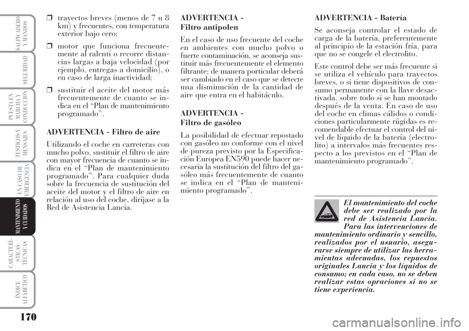 Lancia Musa 2010  Manual de Empleo y Cuidado (in Spanish) 170
TESTIGOS Y
MENSAJES
CARACTERÍ-
STICAS
TÉCNICAS
ÍNDICE
ALFABÉTICO
SALPICADERO
Y MANDOS
SEGURIDAD
PUESTA EN
MARCHA Y
CONDUCCIÓN
EN CASO DE
EMERGENCIA
MANTENIMIENTO
Y CUIDADOS
❒trayectos breve