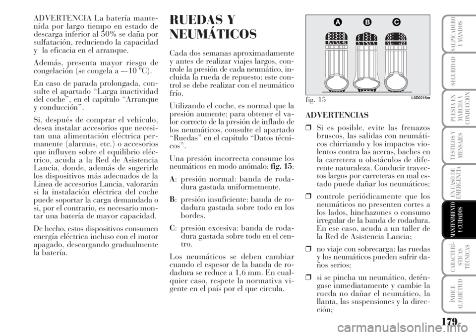 Lancia Musa 2010  Manual de Empleo y Cuidado (in Spanish) 179
TESTIGOS Y
MENSAJES
CARACTERÍ-
STICAS
TÉCNICAS
ÍNDICE
ALFABÉTICO
SALPICADERO
Y MANDOS
SEGURIDAD
PUESTA EN
MARCHA Y
CONDUCCIÓN
EN CASO DE
EMERGENCIA
MANTENIMIENTO
Y CUIDADOS
ADVERTENCIA La bat