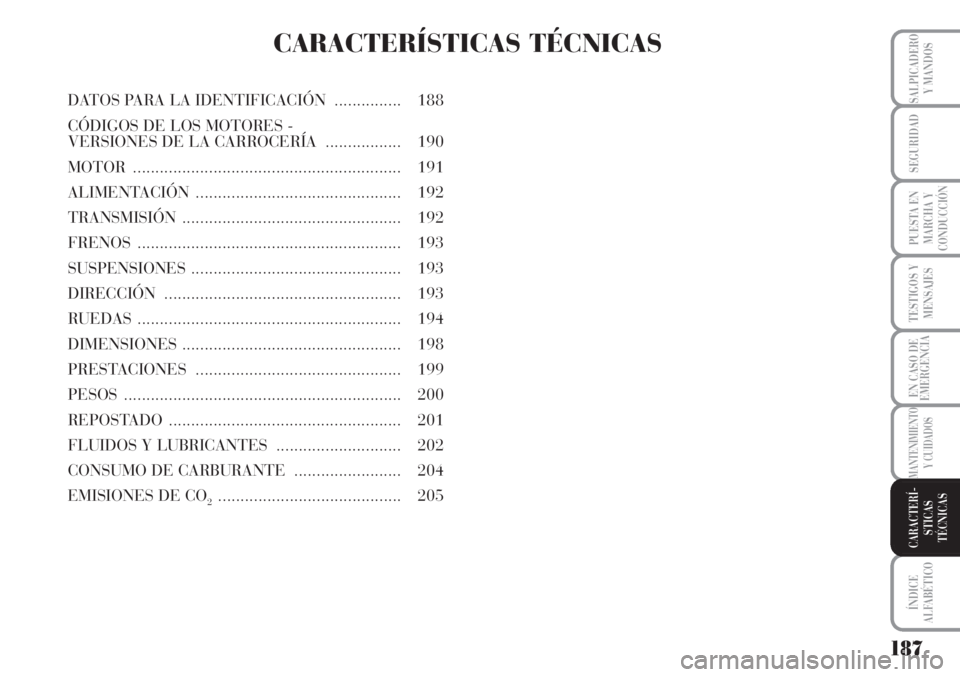 Lancia Musa 2010  Manual de Empleo y Cuidado (in Spanish) CARACTERÍSTICAS TÉCNICAS
DATOS PARA LA IDENTIFICACIÓN............... 188
CÓDIGOS DE LOS MOTORES - 
VERSIONES DE LA CARROCERÍA................. 190
MOTOR...........................................
