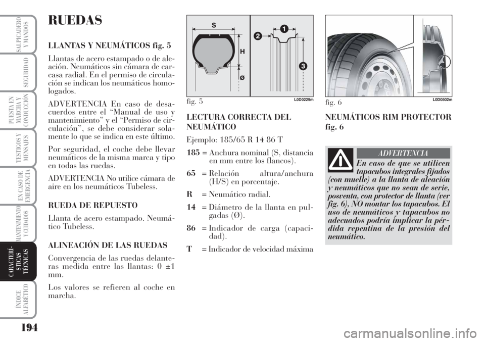Lancia Musa 2010 Manual de Empleo y Cuidado (in Spanish) 194
TESTIGOS Y
MENSAJES
ÍNDICE
ALFABÉTICO
SALPICADERO
Y MANDOS
SEGURIDAD
PUESTA EN
MARCHA Y
CONDUCCIÓN
EN CASO DE
EMERGENCIA
MANTENIMIENTO
Y CUIDADOS
CARACTERÍ-
STICAS
TÉCNICAS
RUEDAS
LLANTAS Y N Lancia Musa 2010 Manual de Empleo y Cuidado (in Spanish) 194
TESTIGOS Y
MENSAJES
ÍNDICE
ALFABÉTICO
SALPICADERO
Y MANDOS
SEGURIDAD
PUESTA EN
MARCHA Y
CONDUCCIÓN
EN CASO DE
EMERGENCIA
MANTENIMIENTO
Y CUIDADOS
CARACTERÍ-
STICAS
TÉCNICAS
RUEDAS
LLANTAS Y N