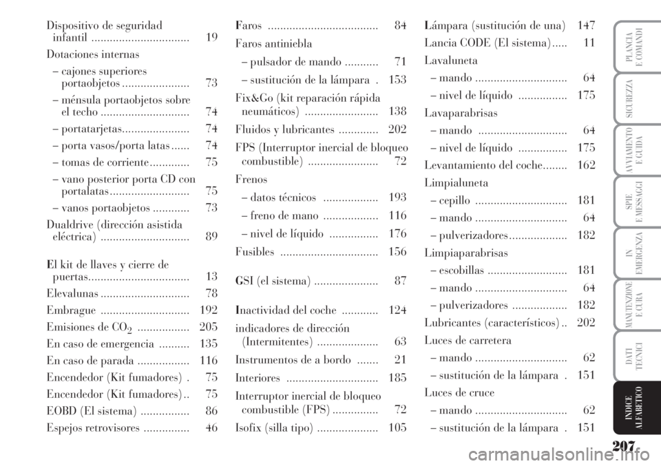 Lancia Musa 2010 Manual de Empleo y Cuidado (in Spanish) 207
SPIE
E MESSAGGI
PLANCIA
E COMANDI
SICUREZZA
AVVIAMENTO
E GUIDA
IN
EMERGENZA
MANUTENZIONEE CURA
DATI
TECNICI
INDICE
ALFABETICO
Dispositivo de seguridad
infantil ................................ 19 Lancia Musa 2010 Manual de Empleo y Cuidado (in Spanish) 207
SPIE
E MESSAGGI
PLANCIA
E COMANDI
SICUREZZA
AVVIAMENTO
E GUIDA
IN
EMERGENZA
MANUTENZIONEE CURA
DATI
TECNICI
INDICE
ALFABETICO
Dispositivo de seguridad
infantil ................................ 19
