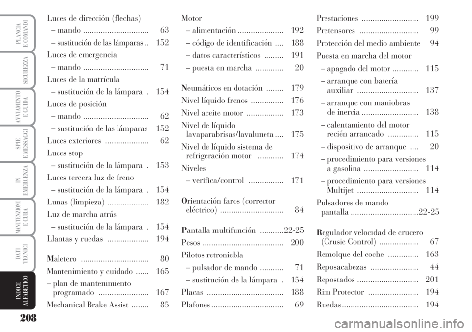 Lancia Musa 2010 Manual de Empleo y Cuidado (in Spanish) Luces de dirección (flechas)
– mando .............................. 63
– sustitución de las lámparas .. 152
Luces de emergencia
– mando .............................. 71
Luces de la matrícul Lancia Musa 2010 Manual de Empleo y Cuidado (in Spanish) Luces de dirección (flechas)
– mando .............................. 63
– sustitución de las lámparas .. 152
Luces de emergencia
– mando .............................. 71
Luces de la matrícul