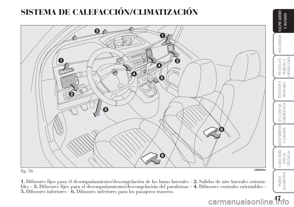 Lancia Musa 2010  Manual de Empleo y Cuidado (in Spanish) 47
SEGURIDAD
PUESTA EN
MARCHA Y
CONDUCCIÓN
TESTIGOS Y
MENSAJES
EN CASO DE
EMERGENCIA
MANTENIMIENTO
Y CUIDADOS
CARACTERÍ-
STICAS
TÉCNICAS
ÍNDICE
ALFABÉTICO
SALPICADERO
Y MANDOS
SISTEMA DE CALEFACC