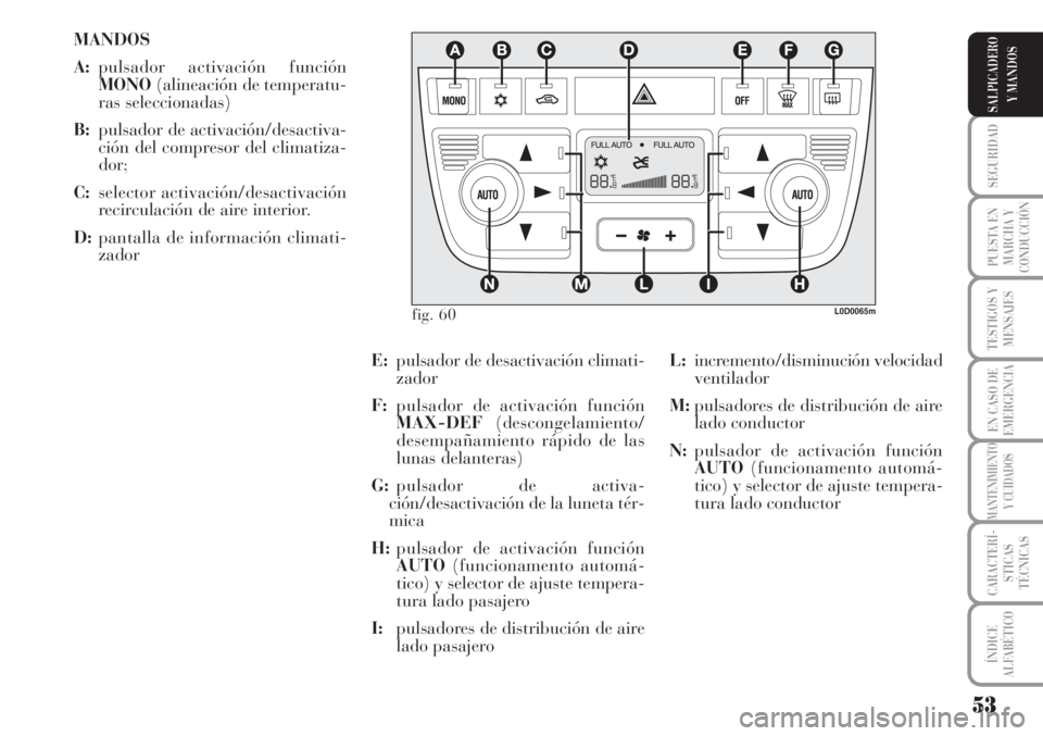 Lancia Musa 2010  Manual de Empleo y Cuidado (in Spanish) 53
SEGURIDAD
PUESTA EN
MARCHA Y
CONDUCCIÓN
TESTIGOS Y
MENSAJES
EN CASO DE
EMERGENCIA
MANTENIMIENTO
Y CUIDADOS
CARACTERÍ-
STICAS
TÉCNICAS
ÍNDICE
ALFABÉTICO
SALPICADERO
Y MANDOS
MANDOS
A:pulsador a