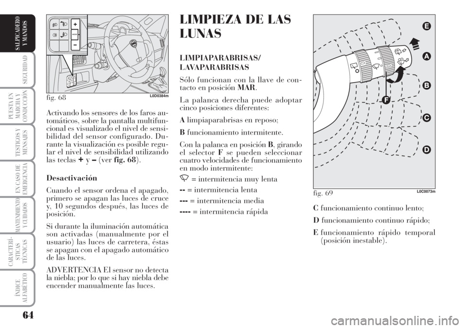 Lancia Musa 2010 Manual de Empleo y Cuidado (in Spanish) 64
SEGURIDAD
PUESTA EN
MARCHA Y
CONDUCCIÓN
TESTIGOS Y
MENSAJES
EN CASO DE
EMERGENCIA
MANTENIMIENTO
Y CUIDADOS
CARACTERÍ-
STICAS
TÉCNICAS
ÍNDICE
ALFABÉTICO
SALPICADERO
Y MANDOS
LIMPIEZA DE LAS
LUN Lancia Musa 2010 Manual de Empleo y Cuidado (in Spanish) 64
SEGURIDAD
PUESTA EN
MARCHA Y
CONDUCCIÓN
TESTIGOS Y
MENSAJES
EN CASO DE
EMERGENCIA
MANTENIMIENTO
Y CUIDADOS
CARACTERÍ-
STICAS
TÉCNICAS
ÍNDICE
ALFABÉTICO
SALPICADERO
Y MANDOS
LIMPIEZA DE LAS
LUN