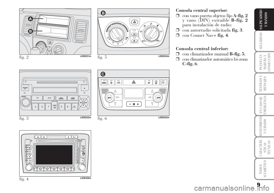 Lancia Musa 2010  Manual de Empleo y Cuidado (in Spanish) 9
SEGURIDAD
PUESTA EN
MARCHA Y
CONDUCCIÓN
TESTIGOS Y
MENSAJES
EN CASO DE
EMERGENCIA
MANTENIMIENTO
Y CUIDADOS
CARACTERÍ-
STICAS
TÉCNICAS
ÍNDICE
ALFABÉTICO
SALPICADERO
Y MANDOS
Consola central supe