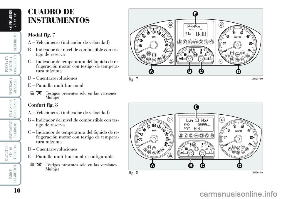 Lancia Musa 2011  Manual de Empleo y Cuidado (in Spanish) 10
SEGURIDAD
PUESTA EN
MARCHA Y
CONDUCCIÓN
TESTIGOS Y
MENSAJES
EN CASO DE
EMERGENCIA
MANTENIMIENTO
Y CUIDADOS
CARACTERÍ-
STICAS
TÉCNICAS
ÍNDICE
ALFABÉTICO
SALPICADERO
Y MANDOS
L0D0372m
L0D0010m
f