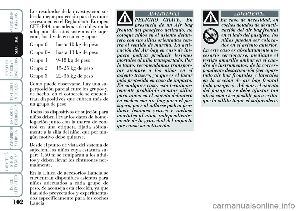 Lancia Musa 2011 Manual de Empleo y Cuidado (in Spanish) 102
PUESTA EN
MARCHA Y
CONDUCCIÓN
TESTIGOS Y
MENSAJES
EN CASO DE
EMERGENCIA
MANTENIMIENTO
Y CUIDADOS
CARACTERÍ-
STICAS
TÉCNICAS
ÍNDICE
ALFABÉTICO
SALPICADERO
Y MANDOS
SEGURIDAD
Los resultados de Lancia Musa 2011 Manual de Empleo y Cuidado (in Spanish) 102
PUESTA EN
MARCHA Y
CONDUCCIÓN
TESTIGOS Y
MENSAJES
EN CASO DE
EMERGENCIA
MANTENIMIENTO
Y CUIDADOS
CARACTERÍ-
STICAS
TÉCNICAS
ÍNDICE
ALFABÉTICO
SALPICADERO
Y MANDOS
SEGURIDAD
Los resultados de