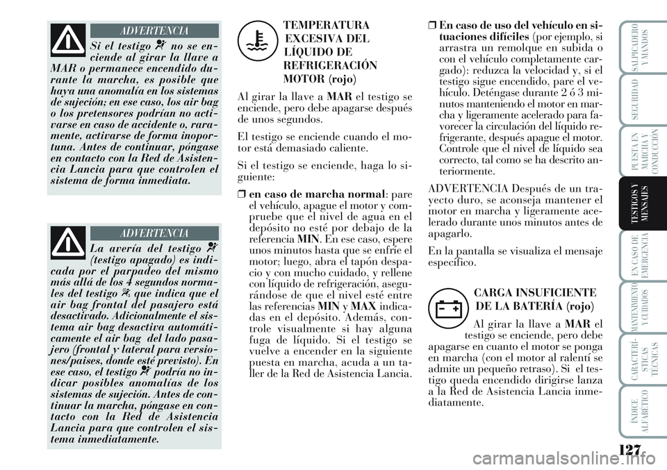 Lancia Musa 2011 Manual de Empleo y Cuidado (in Spanish) 127
EN CASO DE
EMERGENCIA
MANTENIMIENTO
Y CUIDADOS
CARACTERÍ-
STICAS
TÉCNICAS
ÍNDICE
ALFABÉTICO
SALPICADERO
Y MANDOS
SEGURIDAD
PUESTA EN
MARCHA Y
CONDUCCIÓN
TESTIGOS Y
MENSAJES
Si el testigo ¬no Lancia Musa 2011 Manual de Empleo y Cuidado (in Spanish) 127
EN CASO DE
EMERGENCIA
MANTENIMIENTO
Y CUIDADOS
CARACTERÍ-
STICAS
TÉCNICAS
ÍNDICE
ALFABÉTICO
SALPICADERO
Y MANDOS
SEGURIDAD
PUESTA EN
MARCHA Y
CONDUCCIÓN
TESTIGOS Y
MENSAJES
Si el testigo ¬no