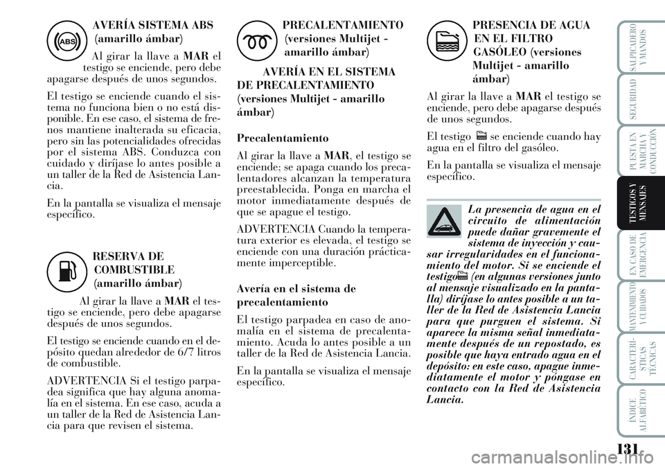 Lancia Musa 2011 Manual de Empleo y Cuidado (in Spanish) 131
EN CASO DE
EMERGENCIA
MANTENIMIENTO
Y CUIDADOS
CARACTERÍ-
STICAS
TÉCNICAS
ÍNDICE
ALFABÉTICO
SALPICADERO
Y MANDOS
SEGURIDAD
PUESTA EN
MARCHA Y
CONDUCCIÓN
TESTIGOS Y
MENSAJES
AVERÍA SISTEMA AB Lancia Musa 2011 Manual de Empleo y Cuidado (in Spanish) 131
EN CASO DE
EMERGENCIA
MANTENIMIENTO
Y CUIDADOS
CARACTERÍ-
STICAS
TÉCNICAS
ÍNDICE
ALFABÉTICO
SALPICADERO
Y MANDOS
SEGURIDAD
PUESTA EN
MARCHA Y
CONDUCCIÓN
TESTIGOS Y
MENSAJES
AVERÍA SISTEMA AB