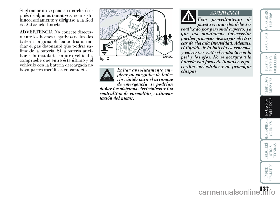 Lancia Musa 2011 Manual de Empleo y Cuidado (in Spanish) 137
TESTIGOS Y
MENSAJES
MANTENIMIENTO
Y CUIDADOS
CARACTERÍ-
STICAS
TÉCNICAS
ÍNDICE
ALFABÉTICO
SALPICADERO
Y MANDOS
SEGURIDAD
PUESTA EN
MARCHA Y
CONDUCCIÓN
EN CASO DE
EMERGENCIA
Si el motor no se Lancia Musa 2011 Manual de Empleo y Cuidado (in Spanish) 137
TESTIGOS Y
MENSAJES
MANTENIMIENTO
Y CUIDADOS
CARACTERÍ-
STICAS
TÉCNICAS
ÍNDICE
ALFABÉTICO
SALPICADERO
Y MANDOS
SEGURIDAD
PUESTA EN
MARCHA Y
CONDUCCIÓN
EN CASO DE
EMERGENCIA
Si el motor no se