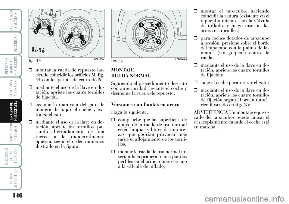 Lancia Musa 2011 Manual de Empleo y Cuidado (in Spanish) 146
TESTIGOS Y
MENSAJES
MANTENIMIENTO
Y CUIDADOS
CARACTERÍ-
STICAS
TÉCNICAS
ÍNDICE
ALFABÉTICO
SALPICADERO
Y MANDOS
SEGURIDAD
PUESTA EN
MARCHA Y
CONDUCCIÓN
EN CASO DE
EMERGENCIA
fig. 14L0D0165mfig Lancia Musa 2011 Manual de Empleo y Cuidado (in Spanish) 146
TESTIGOS Y
MENSAJES
MANTENIMIENTO
Y CUIDADOS
CARACTERÍ-
STICAS
TÉCNICAS
ÍNDICE
ALFABÉTICO
SALPICADERO
Y MANDOS
SEGURIDAD
PUESTA EN
MARCHA Y
CONDUCCIÓN
EN CASO DE
EMERGENCIA
fig. 14L0D0165mfig