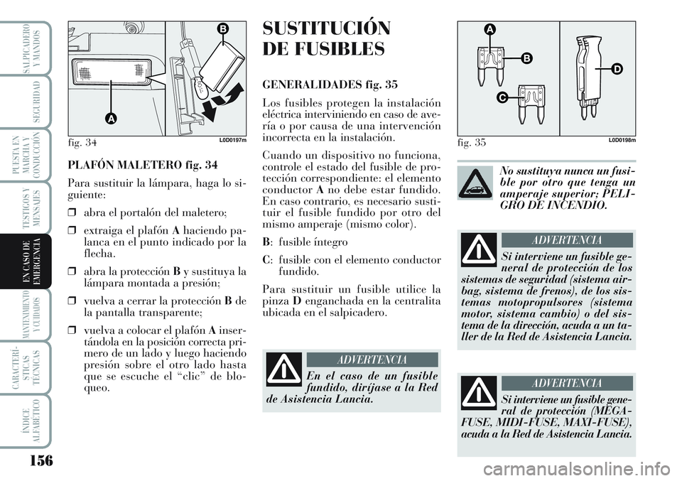 Lancia Musa 2011 Manual de Empleo y Cuidado (in Spanish) 156
TESTIGOS Y
MENSAJES
MANTENIMIENTO
Y CUIDADOS
CARACTERÍ-
STICAS
TÉCNICAS
ÍNDICE
ALFABÉTICO
SALPICADERO
Y MANDOS
SEGURIDAD
PUESTA EN
MARCHA Y
CONDUCCIÓN
EN CASO DE
EMERGENCIA
PLAFÓN MALETERO f Lancia Musa 2011 Manual de Empleo y Cuidado (in Spanish) 156
TESTIGOS Y
MENSAJES
MANTENIMIENTO
Y CUIDADOS
CARACTERÍ-
STICAS
TÉCNICAS
ÍNDICE
ALFABÉTICO
SALPICADERO
Y MANDOS
SEGURIDAD
PUESTA EN
MARCHA Y
CONDUCCIÓN
EN CASO DE
EMERGENCIA
PLAFÓN MALETERO f