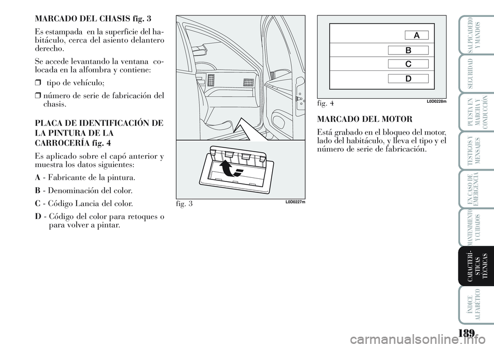 Lancia Musa 2011 Manual de Empleo y Cuidado (in Spanish) MARCADO DEL CHASIS fig. 3
Es estampada en la superficie del ha-
bitáculo, cerca del asiento delantero
derecho.
Se accede levantando la ventana co-
locada en la alfombra y contiene:
❒tipo de vehí Lancia Musa 2011 Manual de Empleo y Cuidado (in Spanish) MARCADO DEL CHASIS fig. 3
Es estampada en la superficie del ha-
bitáculo, cerca del asiento delantero
derecho.
Se accede levantando la ventana co-
locada en la alfombra y contiene:
❒tipo de vehí