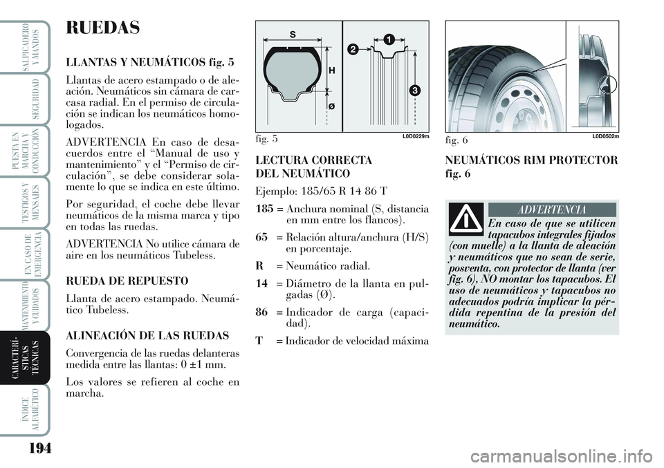 Lancia Musa 2011 Manual de Empleo y Cuidado (in Spanish) 194
TESTIGOS Y
MENSAJES
ÍNDICE
ALFABÉTICO
SALPICADERO
Y MANDOS
SEGURIDAD
PUESTA EN
MARCHA Y
CONDUCCIÓN
EN CASO DE
EMERGENCIA
MANTENIMIENTO
Y CUIDADOS
CARACTERÍ-
STICAS
TÉCNICAS
RUEDAS
LLANTAS Y N Lancia Musa 2011 Manual de Empleo y Cuidado (in Spanish) 194
TESTIGOS Y
MENSAJES
ÍNDICE
ALFABÉTICO
SALPICADERO
Y MANDOS
SEGURIDAD
PUESTA EN
MARCHA Y
CONDUCCIÓN
EN CASO DE
EMERGENCIA
MANTENIMIENTO
Y CUIDADOS
CARACTERÍ-
STICAS
TÉCNICAS
RUEDAS
LLANTAS Y N